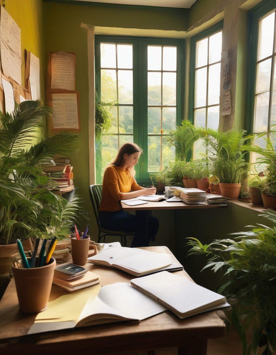 A vibrant, artistic scene depicting a person sitting in a cozy café, surrounded by notebooks, colorful pens, and a laptop, deeply engaged in writing. The background features inspiring quotes on the walls, warm sunlight streaming in through a window, and lush plants adding a touch of nature. Capture the essence of creativity and storytelling with a lively atmosphere. painting. vibrant colors. warm lighting.