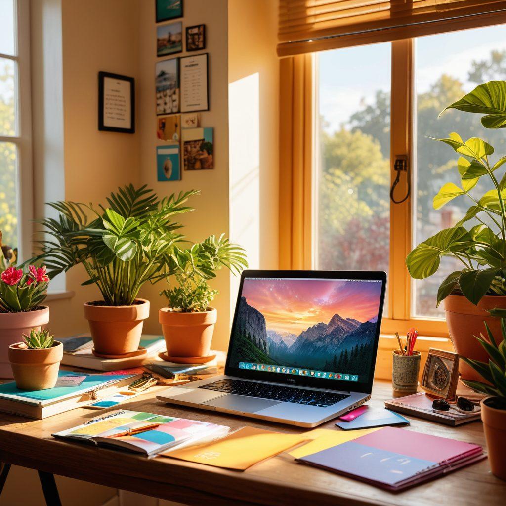 A vibrant and inspiring workspace filled with colorful stationery, a laptop with a blog open, and a potted plant, symbolizing creativity and personal growth. In the background, a vision board with pinned ideas and motivational quotes. Warm sunlight streaming through a window, creating a welcoming atmosphere. super-realistic. vibrant colors.